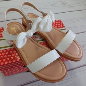 PANDANINJA Ella Girls Size 4 White Bow Dressy Neutral Spring Summer Sandal Shoes
